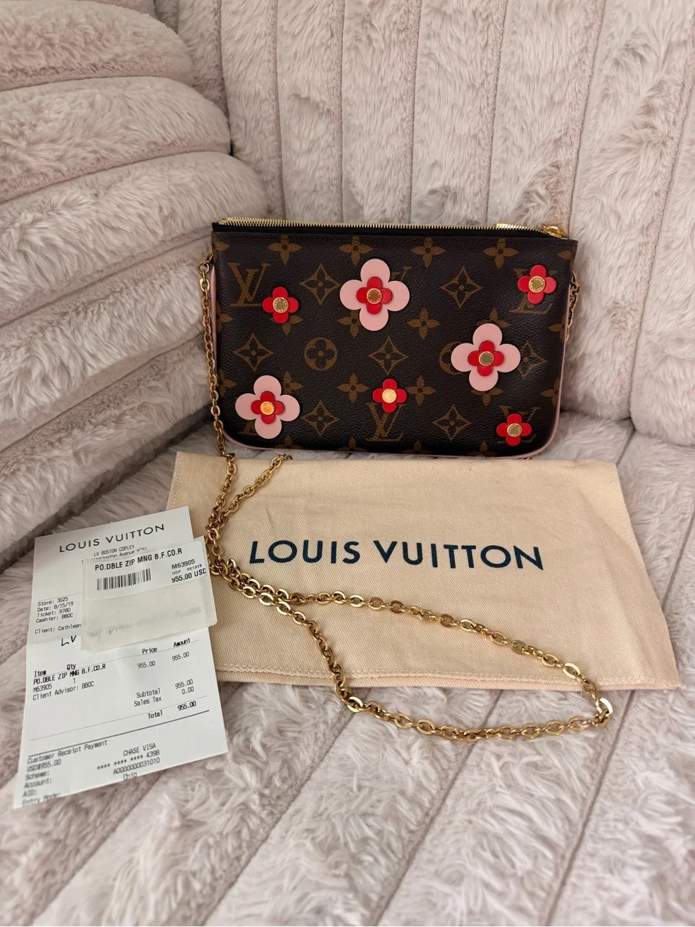 Louis Vuitton Double Zip Pochette Monogram Crossbody Pink Red Floral Appliqués